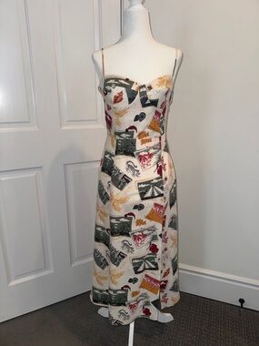 Reformation Cream Midi Dress with Green, Red, and Yellow Print